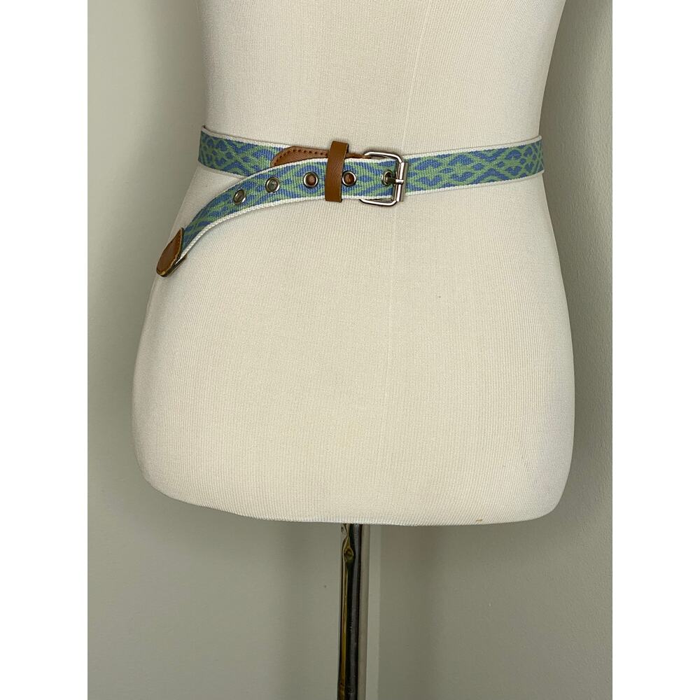 Y2K Woven Tapestry Belt Blue Green Geometric Leather Trim Silver Buckle, SZ 12